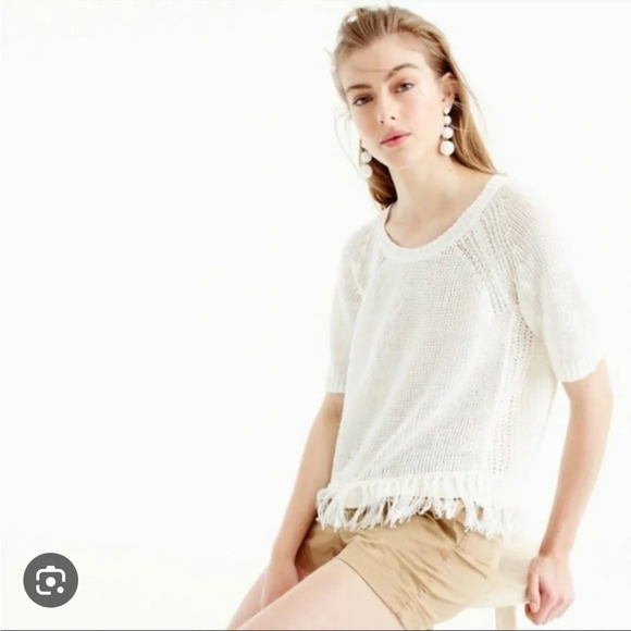 J.CREW WHITR LINEN FRINGE SHORT SLEEVE SWEATER - Picture 2 of 7